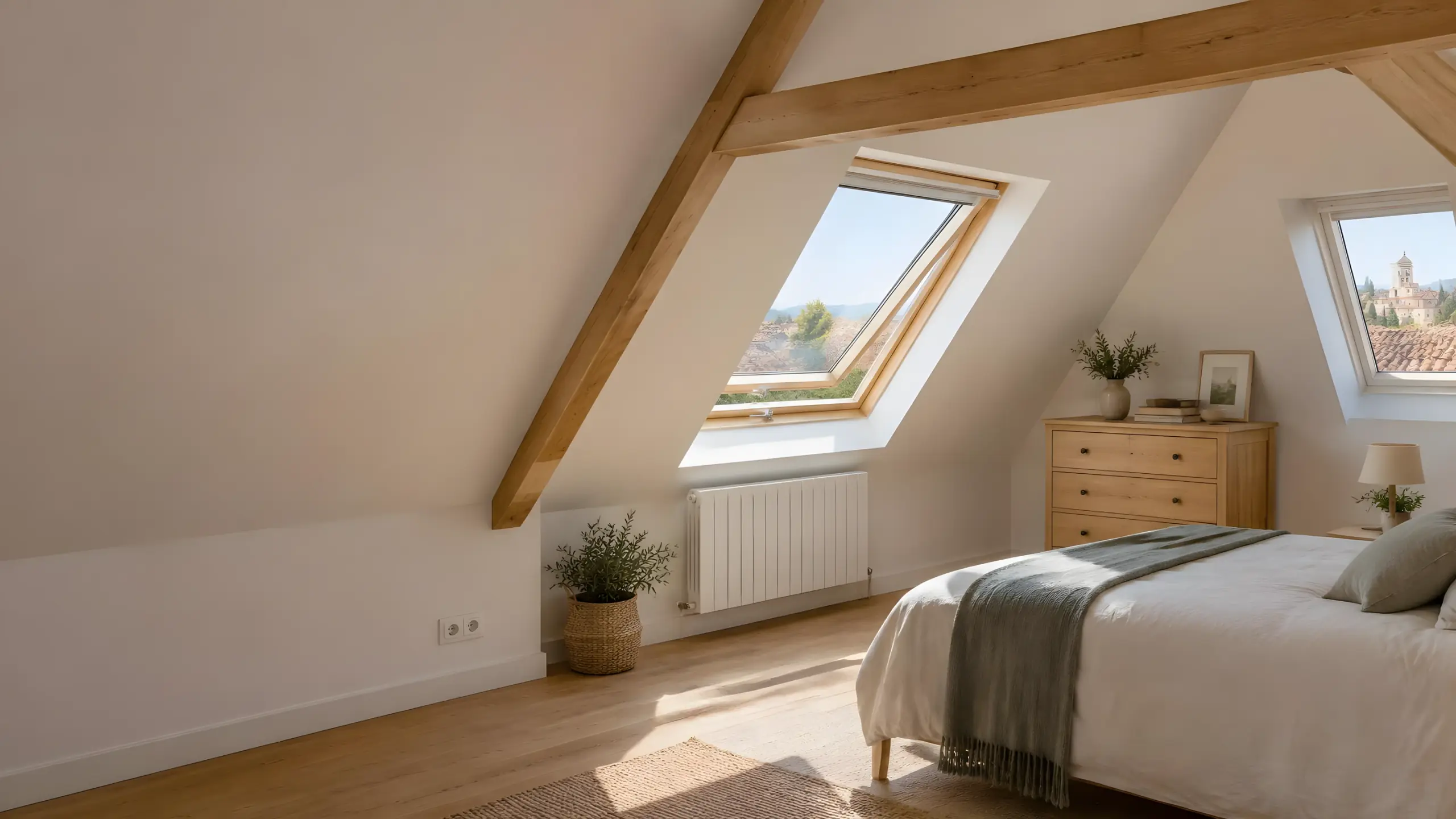 Chambre sous les combles finie : rampants blancs et lisses, poutre en bois, fenêtre de toit, lit et commode