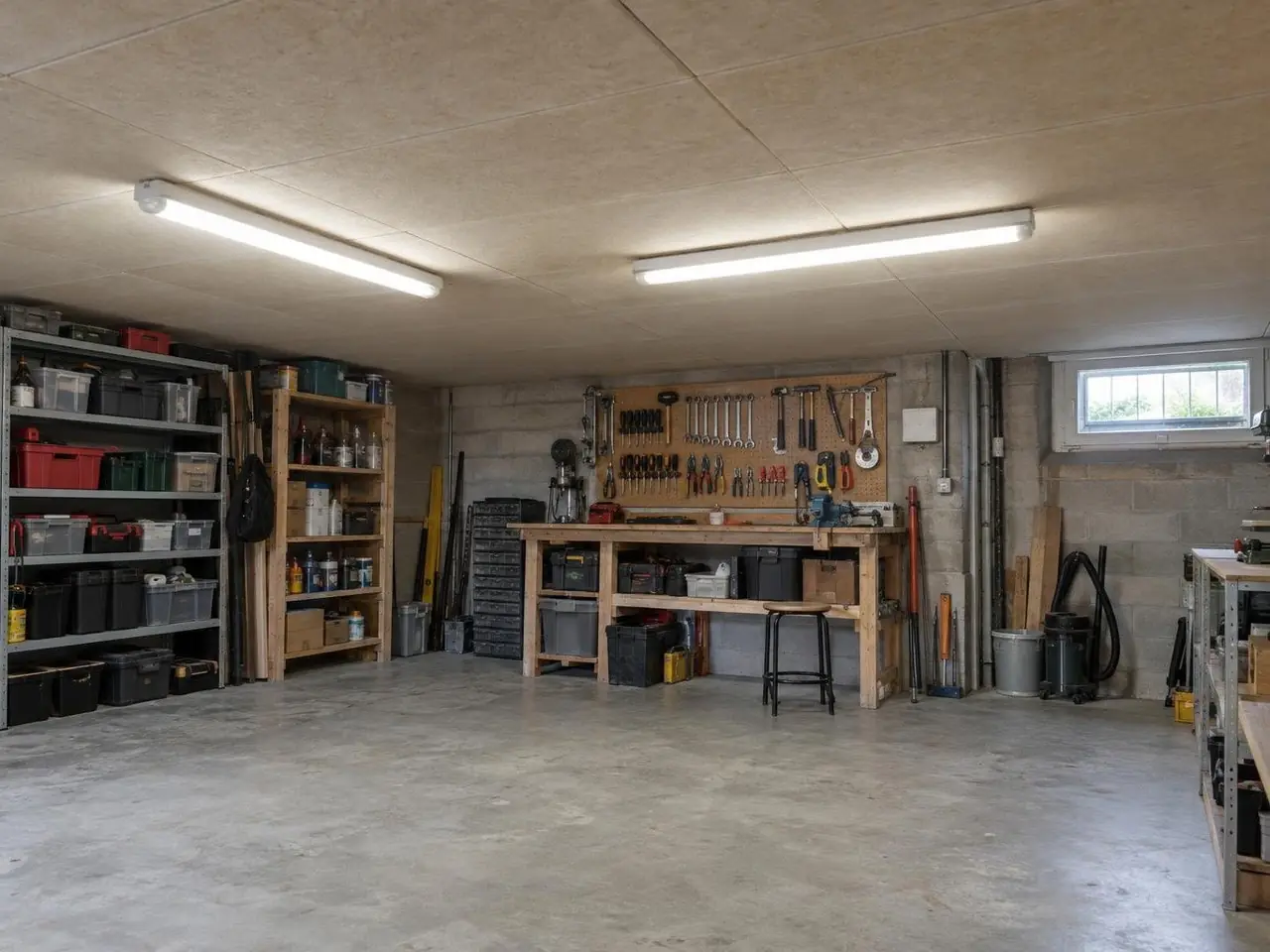 Atelier en sous-sol au plafond couvert de panneaux isolants beige clair, réglettes allumées au-dessus de l’établi