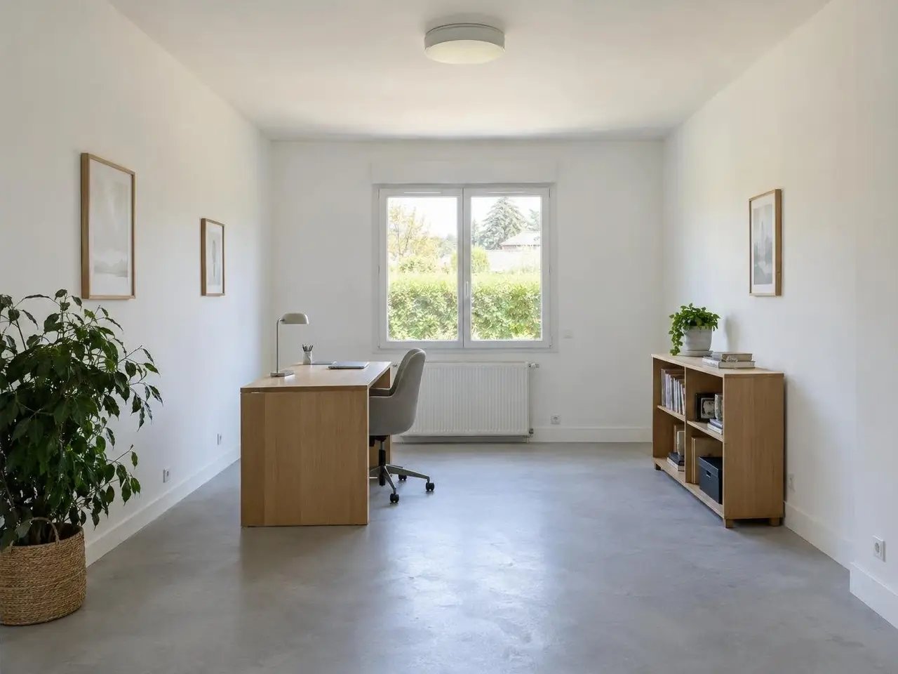 Bureau aménagé dans un ancien garage, murs blancs, bureau en bois clair sous la fenêtre, radiateur blanc