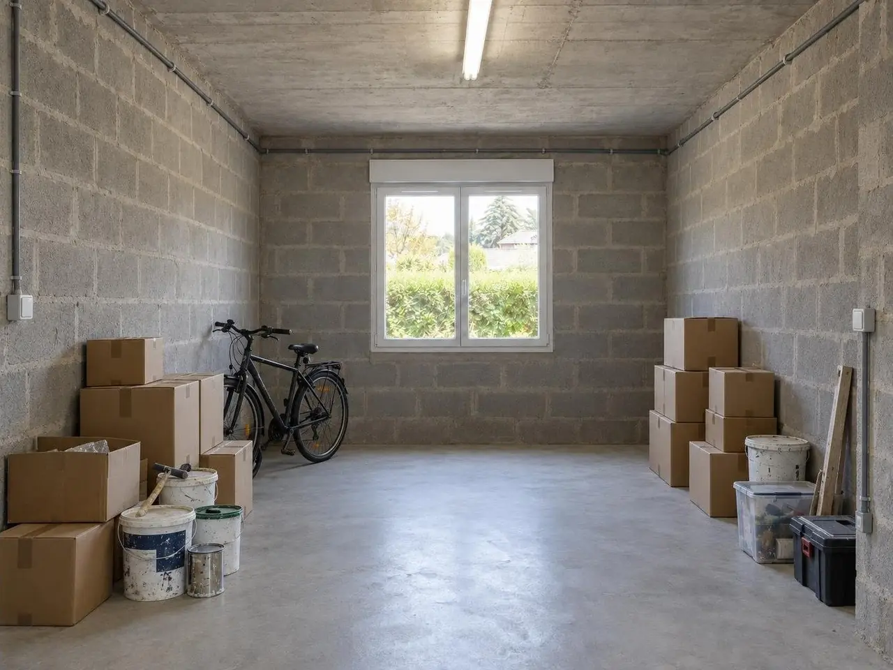 Garage aux murs de parpaings bruts, cartons empilés, vélo et pots de peinture au sol, fenêtre blanche au fond
