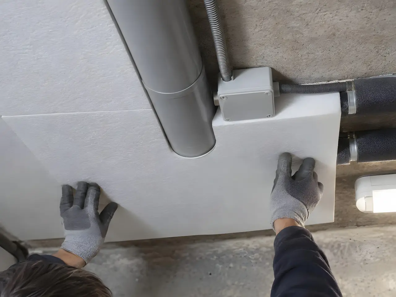 Mains gantées qui ajustent un panneau isolant blanc au plafond en béton, découpé autour d’une gaine et d’un boîtier