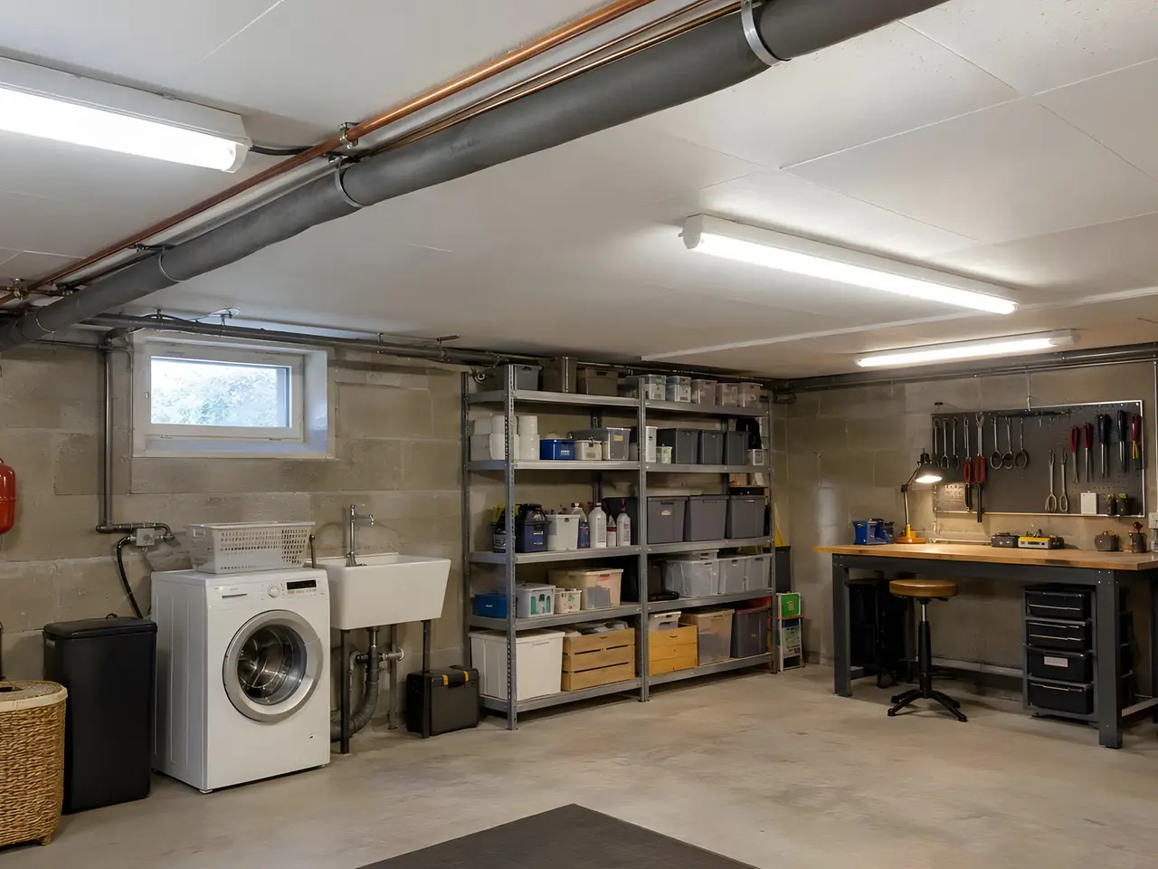 Sous-sol au plafond isolé de panneaux blancs, avec chauffe-eau, lave-linge, étagères de rangement et établi à outils