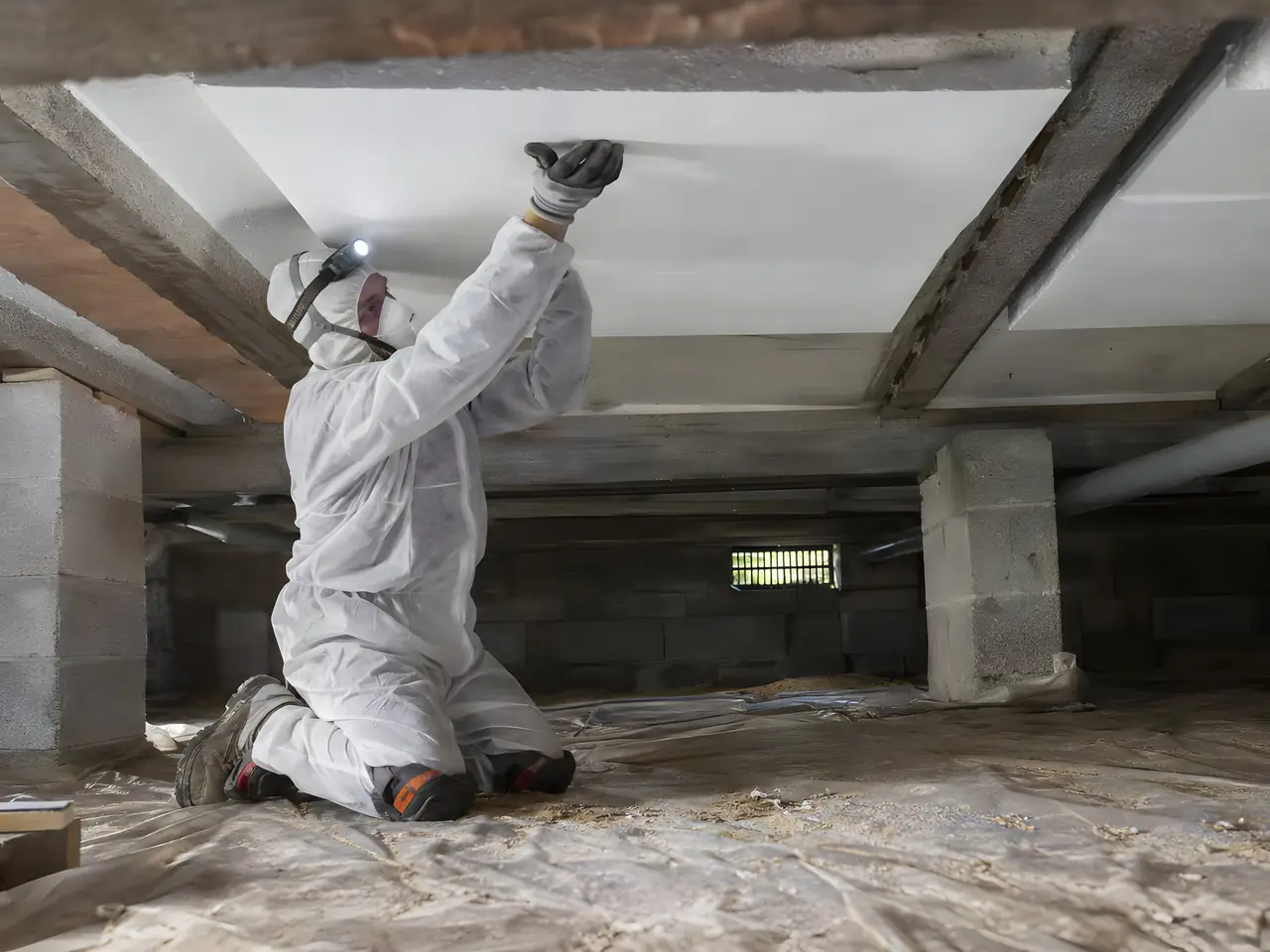 Artisan en combinaison et lampe frontale, à genoux dans un vide sanitaire, qui pose des panneaux isolants sous le plancher