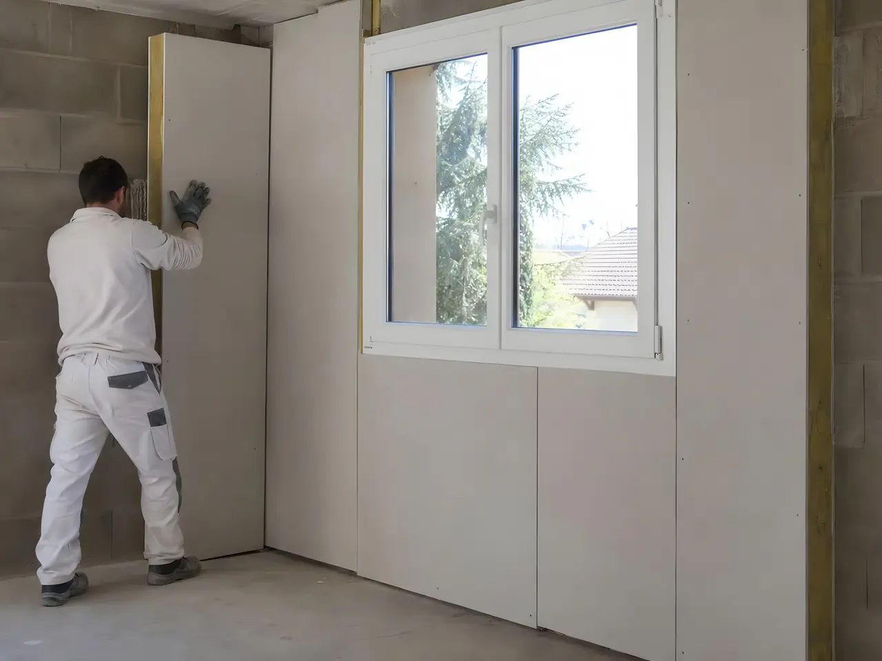 Plaquiste en tenue blanche qui plaque un panneau de doublage contre un mur en parpaings, autour d’une fenêtre blanche