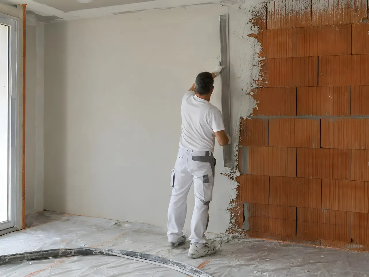 Plâtrier en tenue blanche qui dresse à la règle l’enduit plâtre projeté sur un mur en briques orange