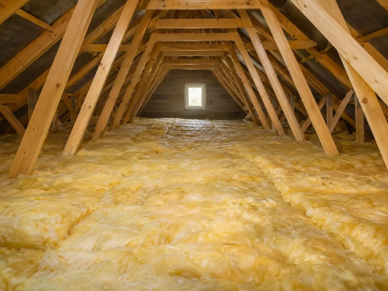Grenier sous fermettes en bois clair, plancher entièrement couvert de laine de verre jaune en rouleaux