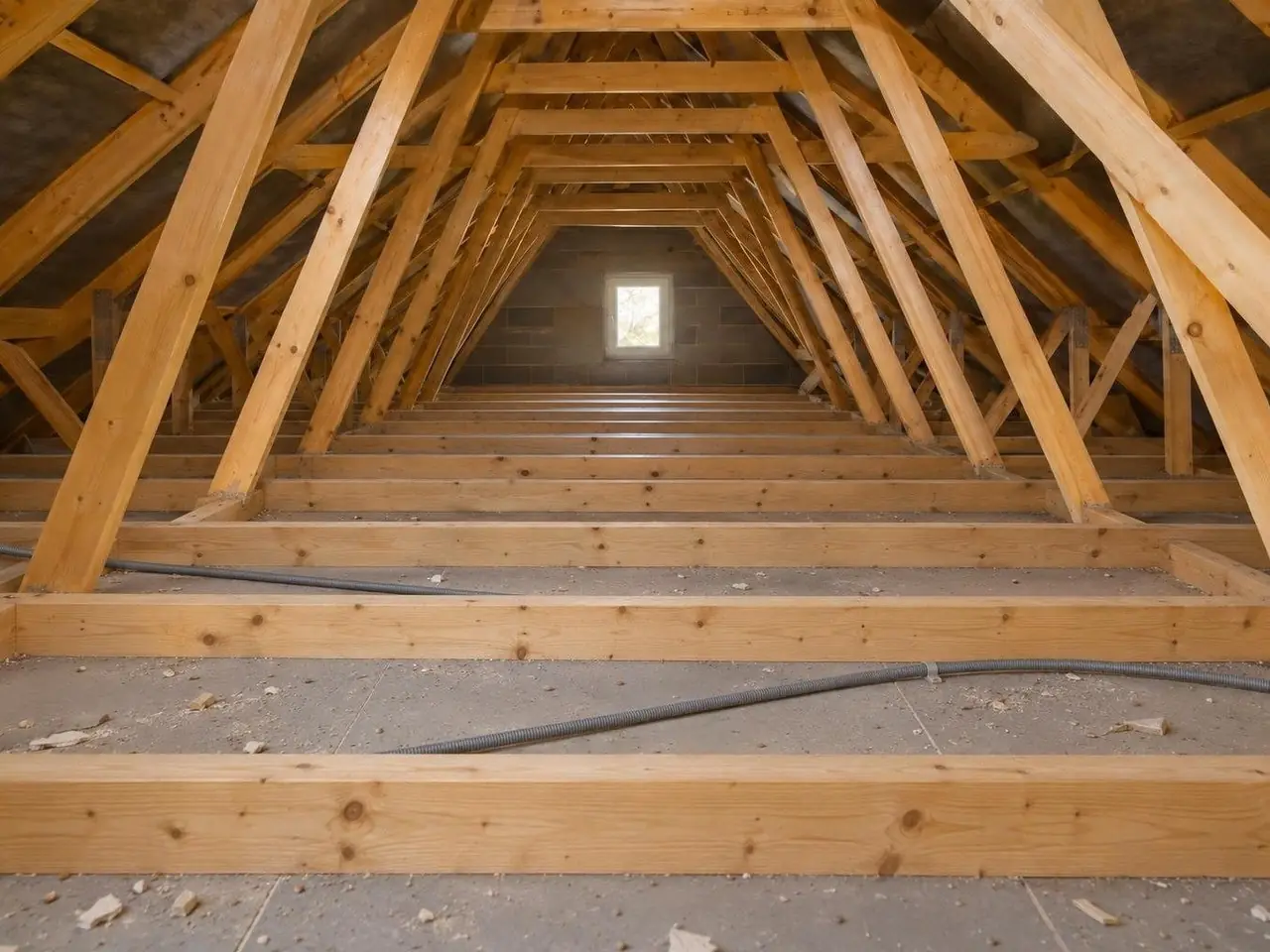 Grenier sous fermettes en bois clair, solives à nu sur des plaques de plâtre grises, gaine électrique en travers