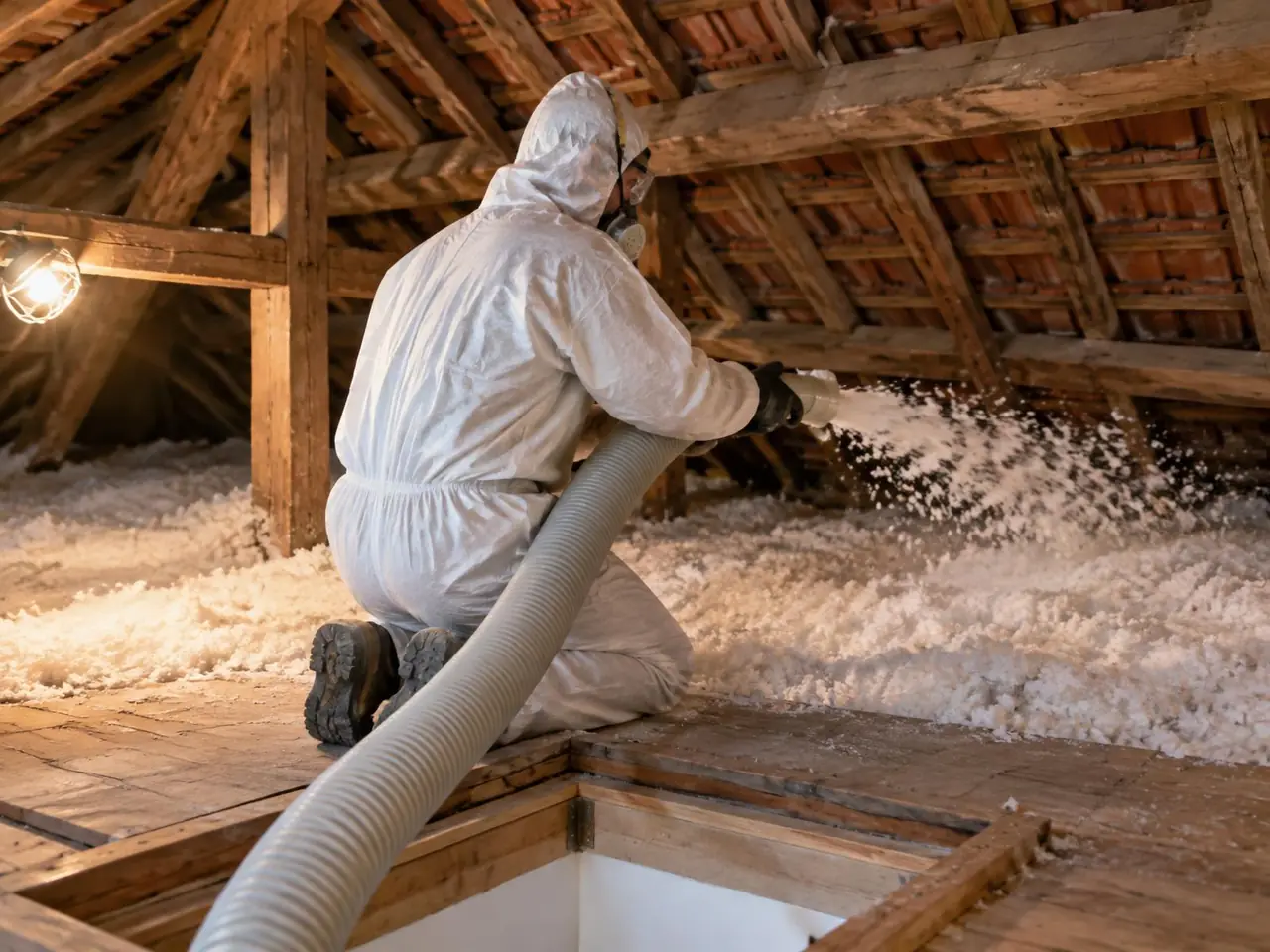 Isolateur masqué en combinaison, à genoux près de la trappe, qui souffle la laine au pied d’une vieille charpente