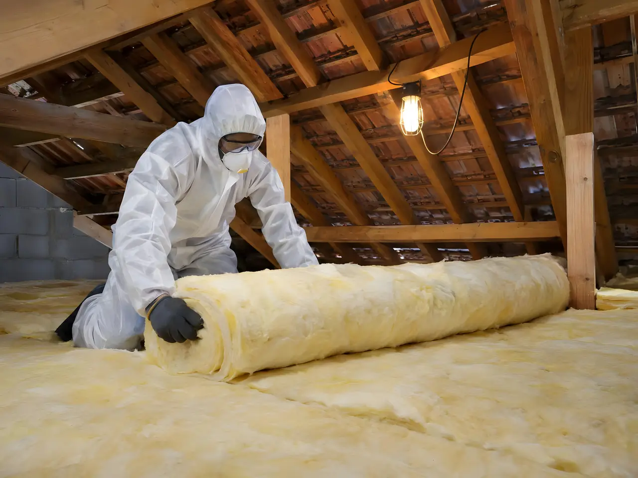 Artisan en combinaison blanche et masque qui déroule un rouleau de laine de verre jaune au sol d’un grenier sous charpente