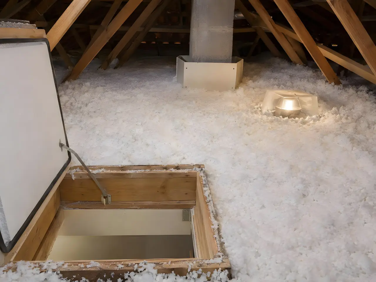 Combles couverts d’une épaisse couche de laine soufflée blanche autour de la trappe d’accès ouverte et d’un conduit