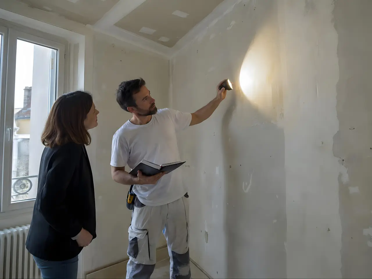 Plâtrier qui éclaire à la lampe un mur abîmé, carnet en main, sous le regard attentif de la propriétaire
