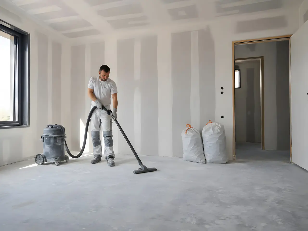 Artisan qui aspire la poussière d’une pièce aux plaques jointées et poncées, sacs de déchets fermés près de la porte