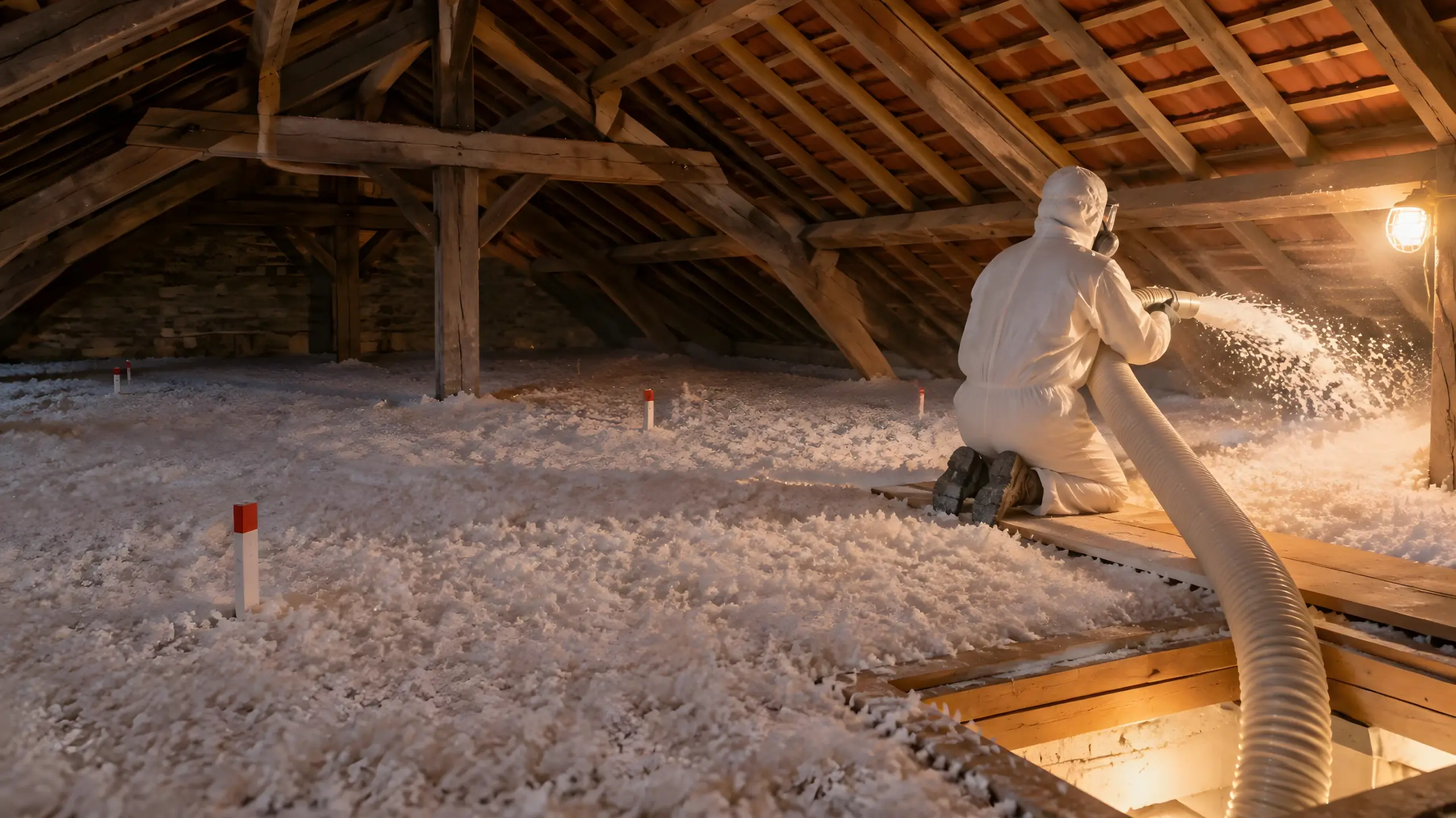 Artisan en combinaison et masque qui souffle la laine au grenier, tuyau sorti de la trappe, repères de hauteur plantés