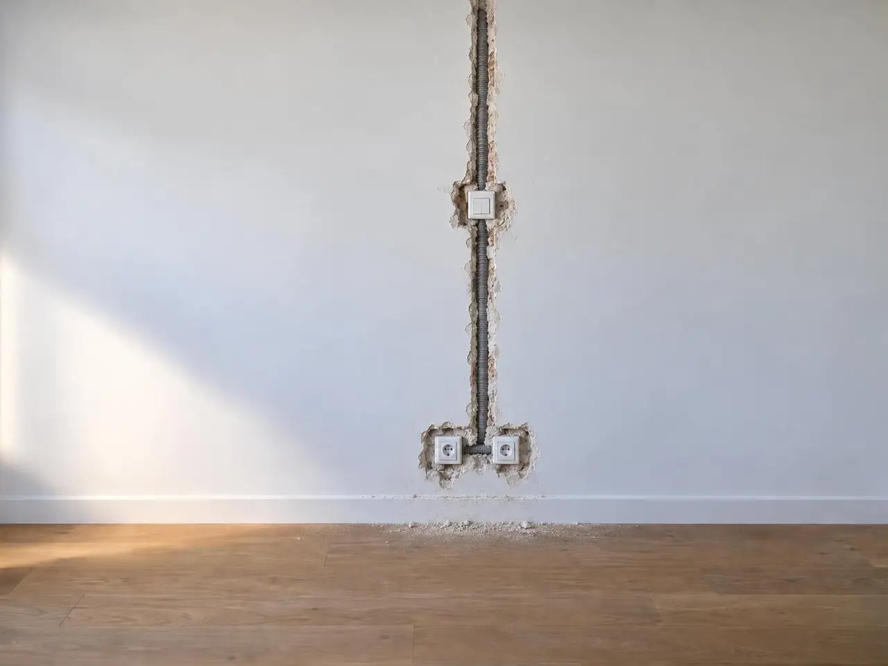 Mur blanc ouvert d’une saignée du plafond à l’interrupteur puis aux prises, plâtre éclaté autour des boîtiers