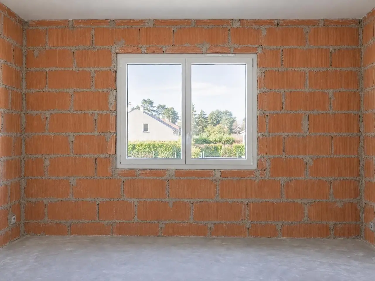 Mur de briques creuses orange aux joints de mortier gris autour d’une fenêtre blanche, chape de béton au sol