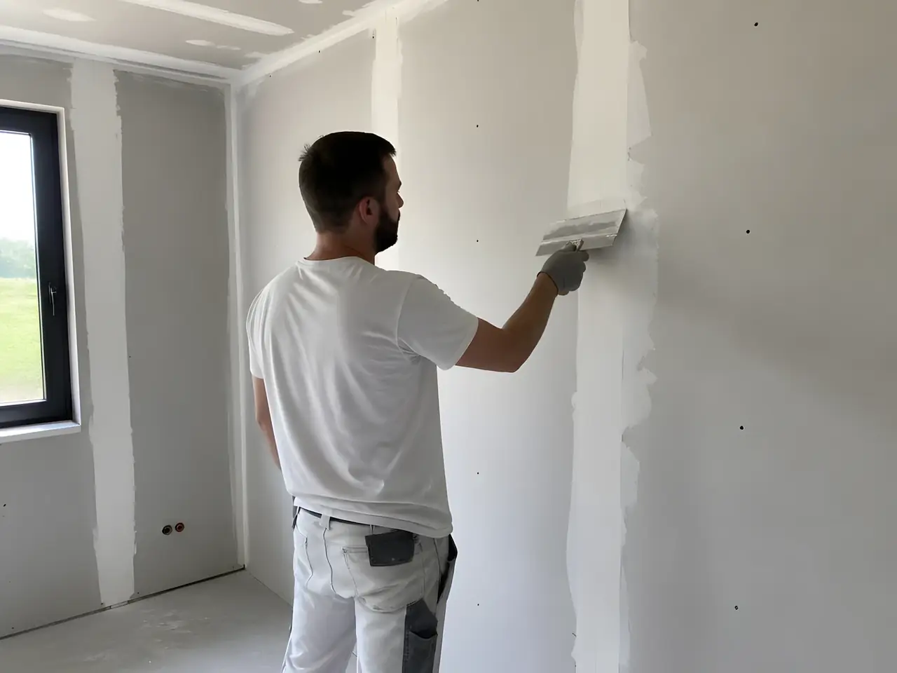 Plaquiste qui serre l’enduit au couteau large sur la bande d’un joint vertical entre deux plaques