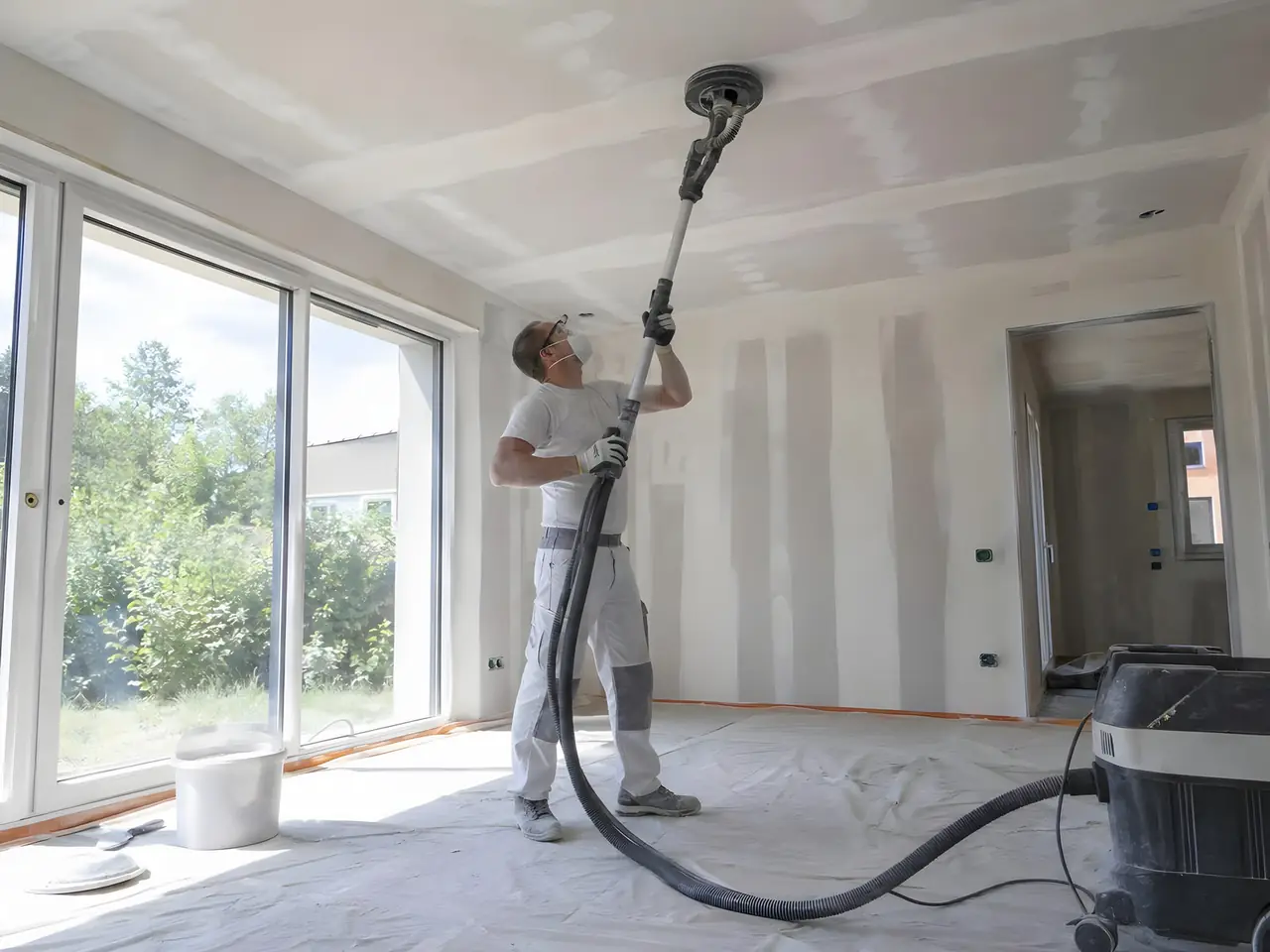 Plâtrier masqué qui ponce le plafond enduit avec une ponceuse à long manche reliée à un aspirateur de chantier