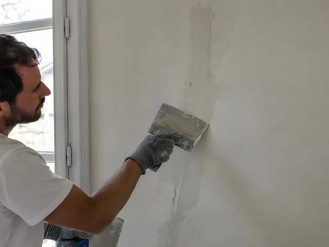 Plâtrier qui rebouche à la spatule une fissure ouverte dans un vieux mur blanc, près d’une fenêtre