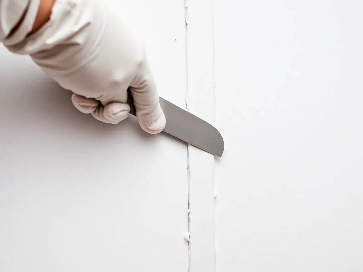 Main gantée qui serre l’enduit au couteau sur la bande d’un joint vertical entre deux plaques