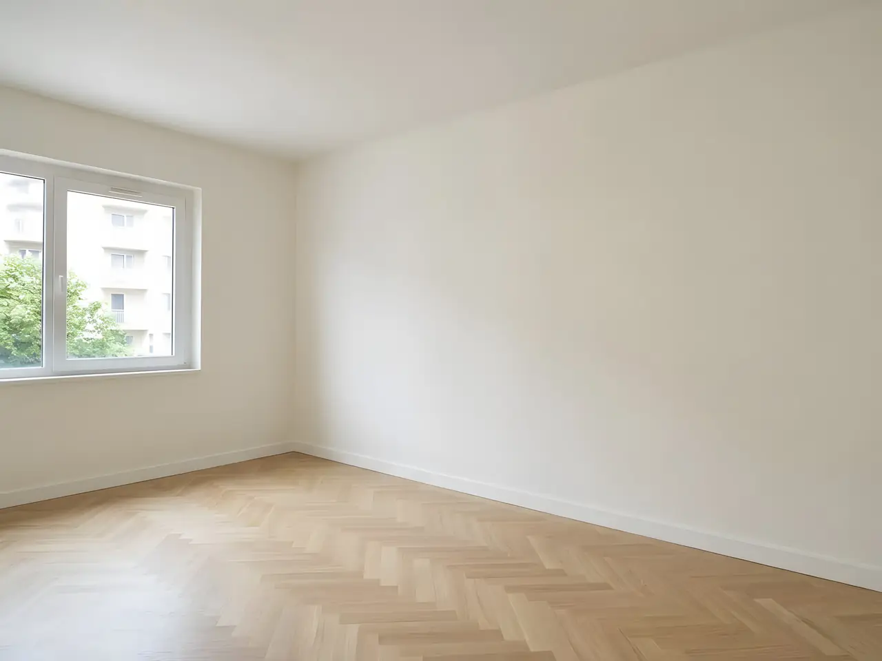 La même chambre au mur doublé, droit et blanc d’un angle à l’autre, parquet en chevrons au sol