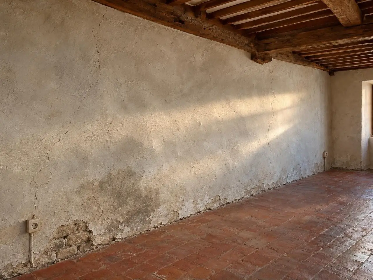 Long mur de séjour au vieil enduit à la chaux bosselé et fissuré, taché d’humidité, pierres apparentes au pied