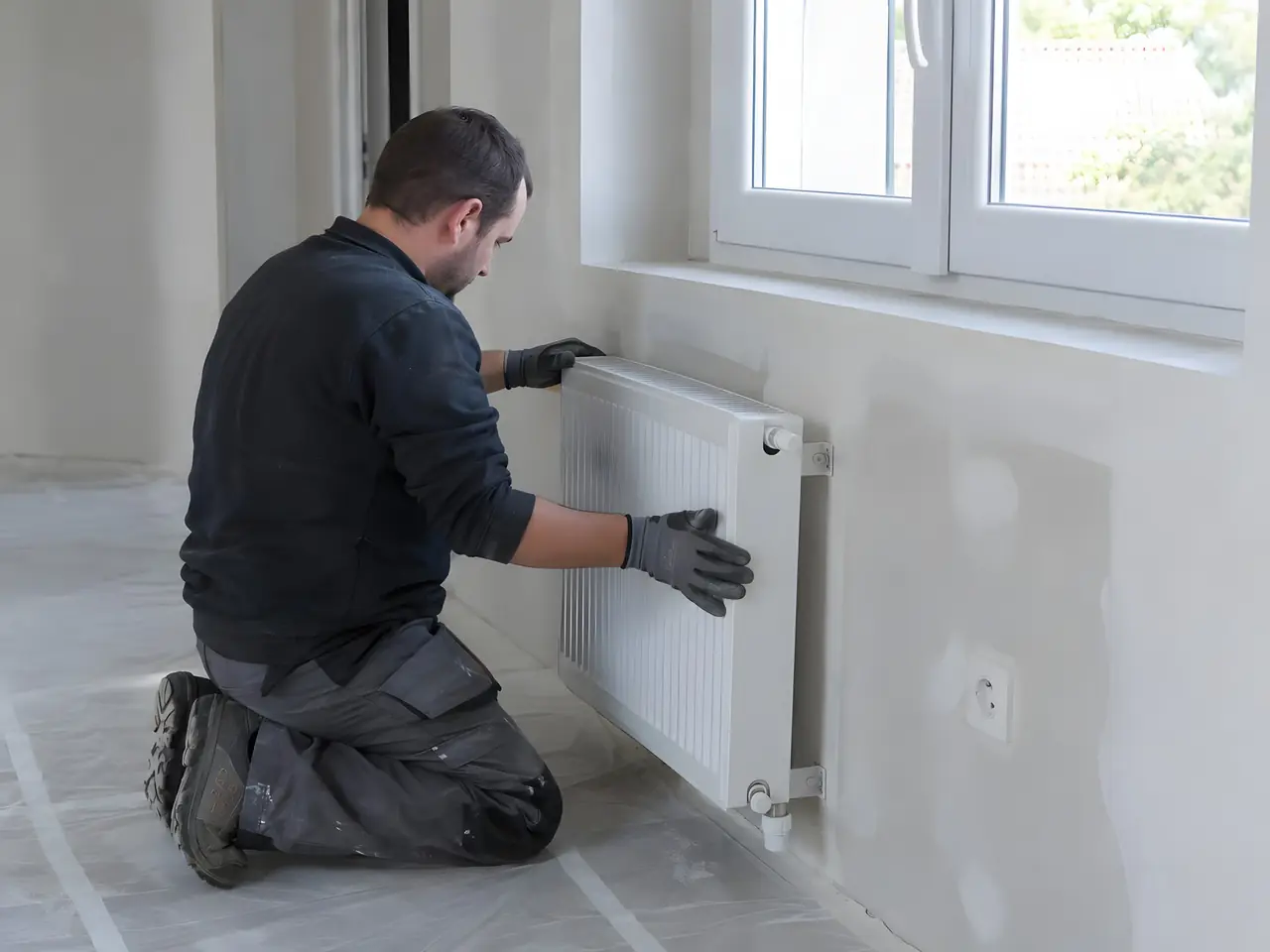 Artisan à genoux qui raccroche un radiateur blanc sous la fenêtre, contre un mur neuf en plaques aux joints enduits
