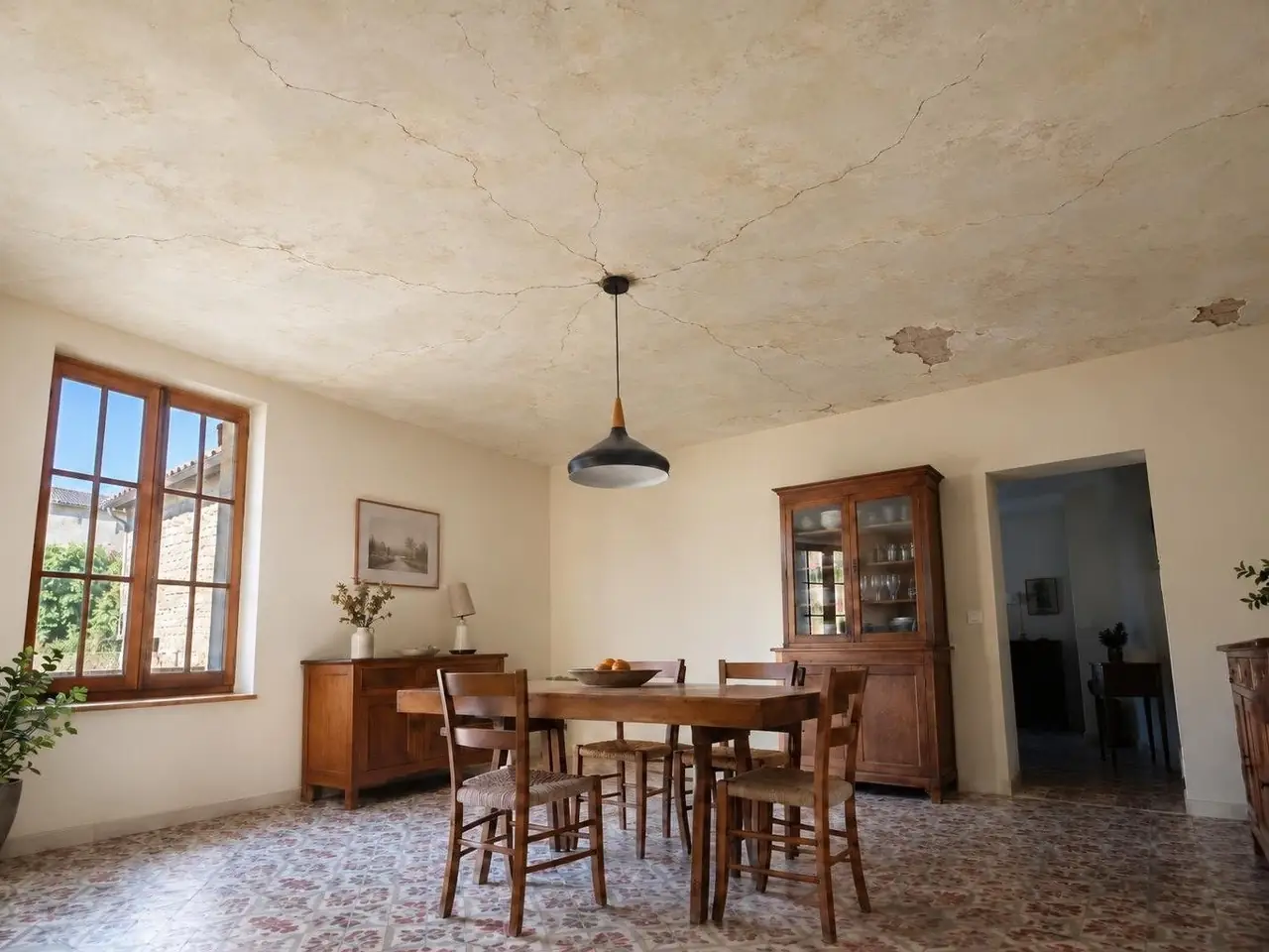 Salle à manger sous un vieux plafond en plâtre jauni, fendu en toile d’araignée autour de la suspension