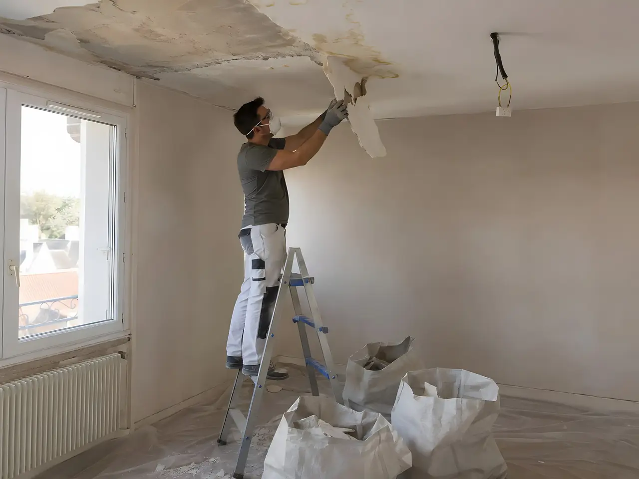 Artisan masqué sur un escabeau qui arrache un vieux plafond taché d’humidité, sacs de gravats sur le sol bâché