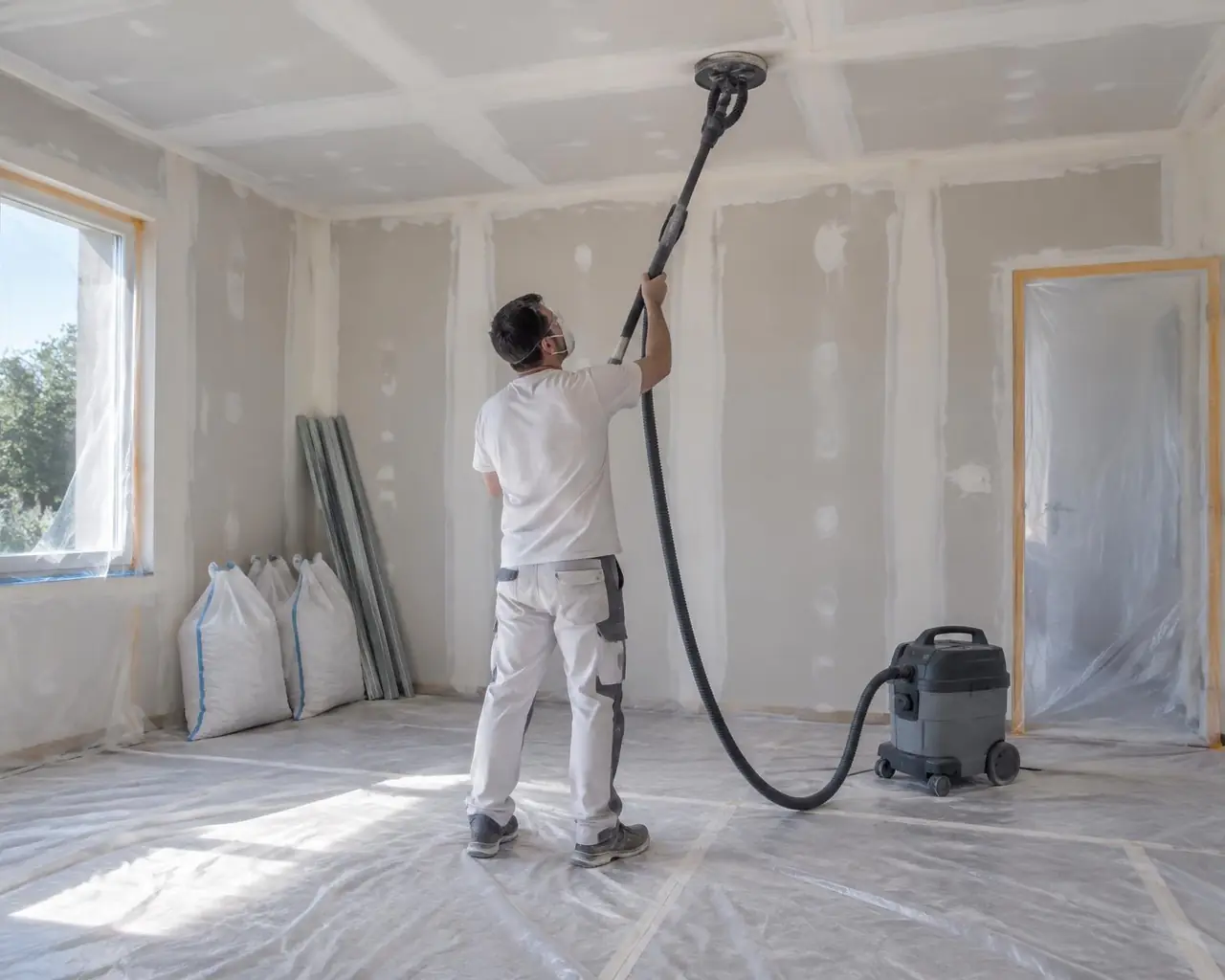 Plaquiste de dos qui ponce les joints du plafond à la ponceuse à long manche reliée à un aspirateur, sol bâché, sacs rangés dans un coin