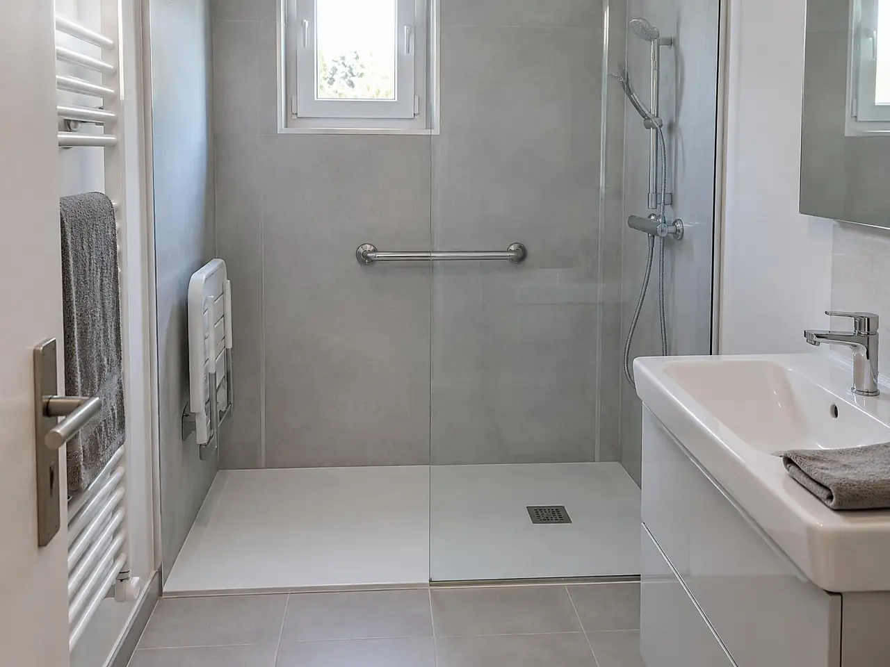 La même pièce : douche de plain-pied, paroi vitrée, barre d’appui et siège rabattable.