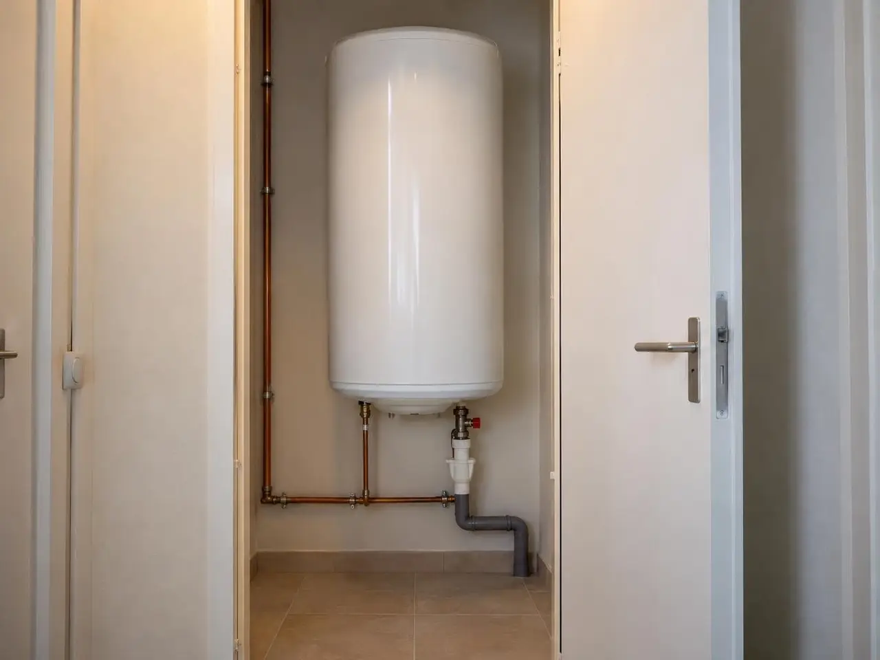 Chauffe-eau blanc neuf fixé au mur d’un placard, groupe de sécurité raccordé à l’évacuation, carrelage sec