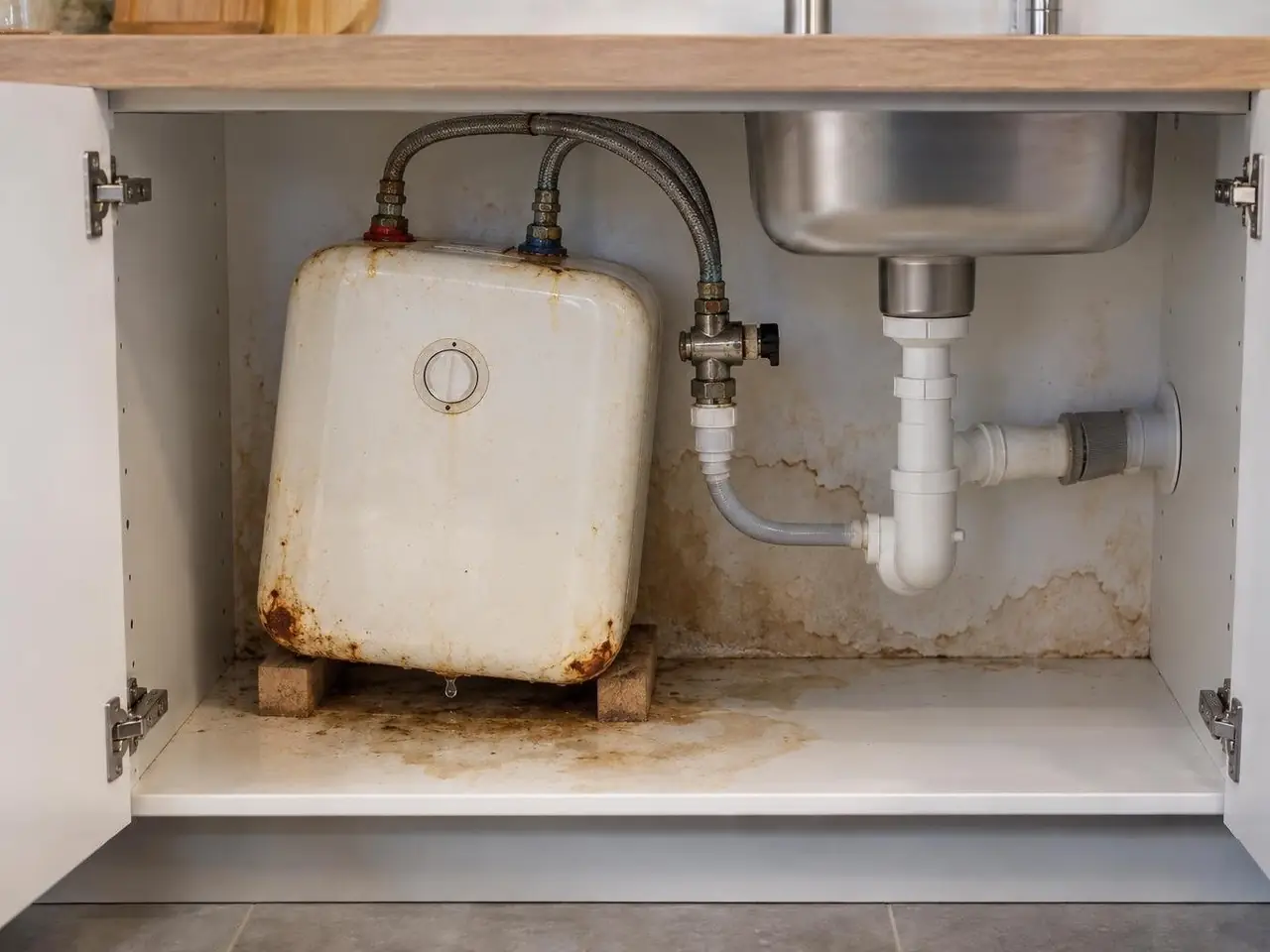 Petit chauffe-eau jauni et rouillé posé de travers sur des cales en bois sous un évier, fond du meuble taché