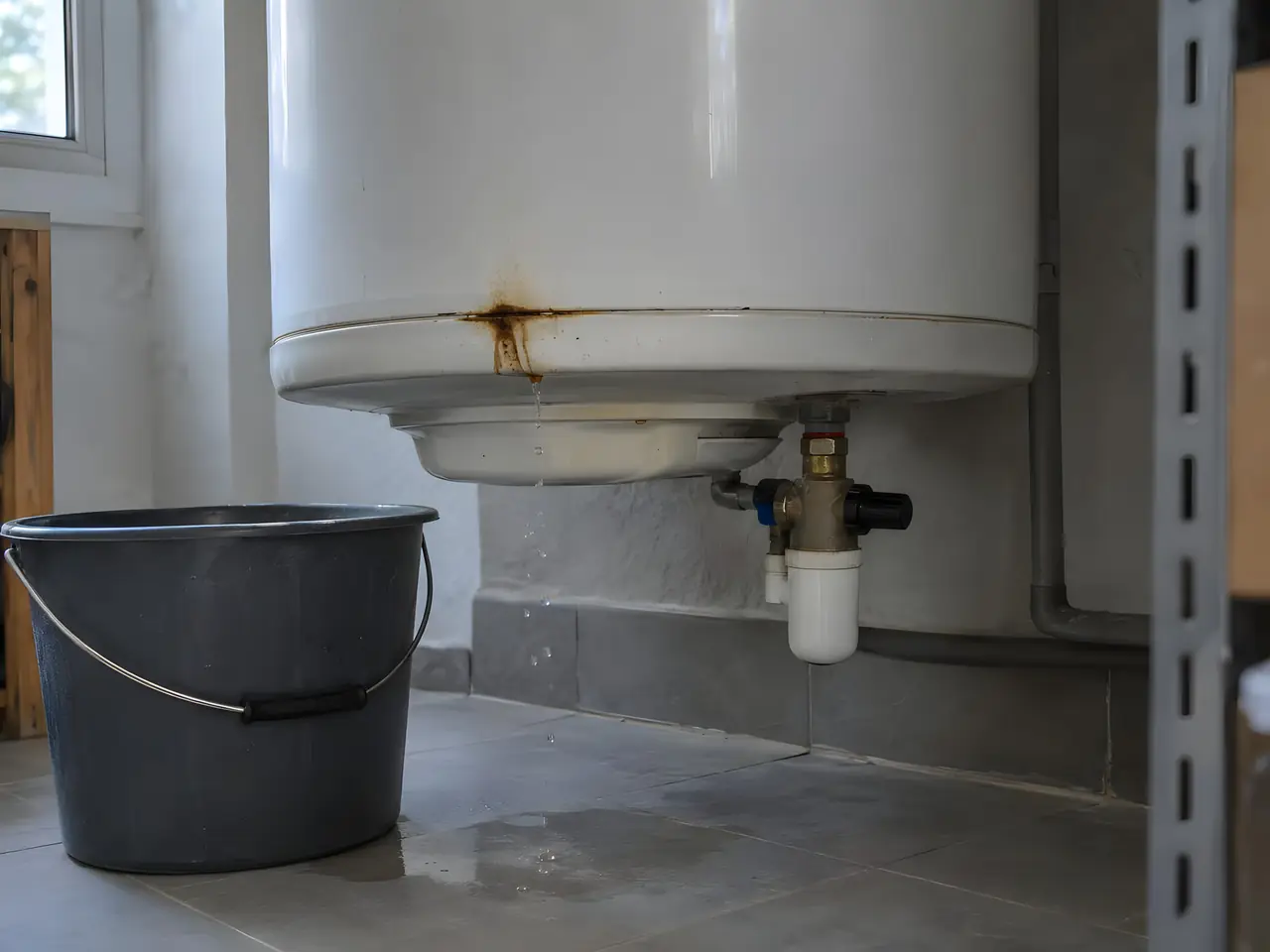 Bas d’un vieux chauffe-eau blanc taché de rouille qui goutte sur le carrelage, seau gris posé à côté