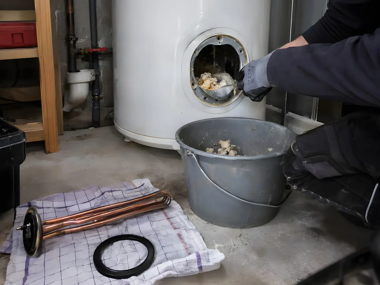 Main gantée qui retire le tartre d’un chauffe-eau ouvert par sa trappe, résistance et joint posés sur un torchon