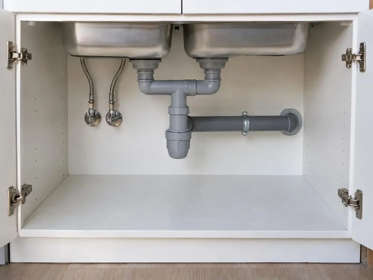 Sous un évier double, siphon gris neuf et tuyau d’évacuation droit jusqu’au mur, fond du meuble blanc dégagé