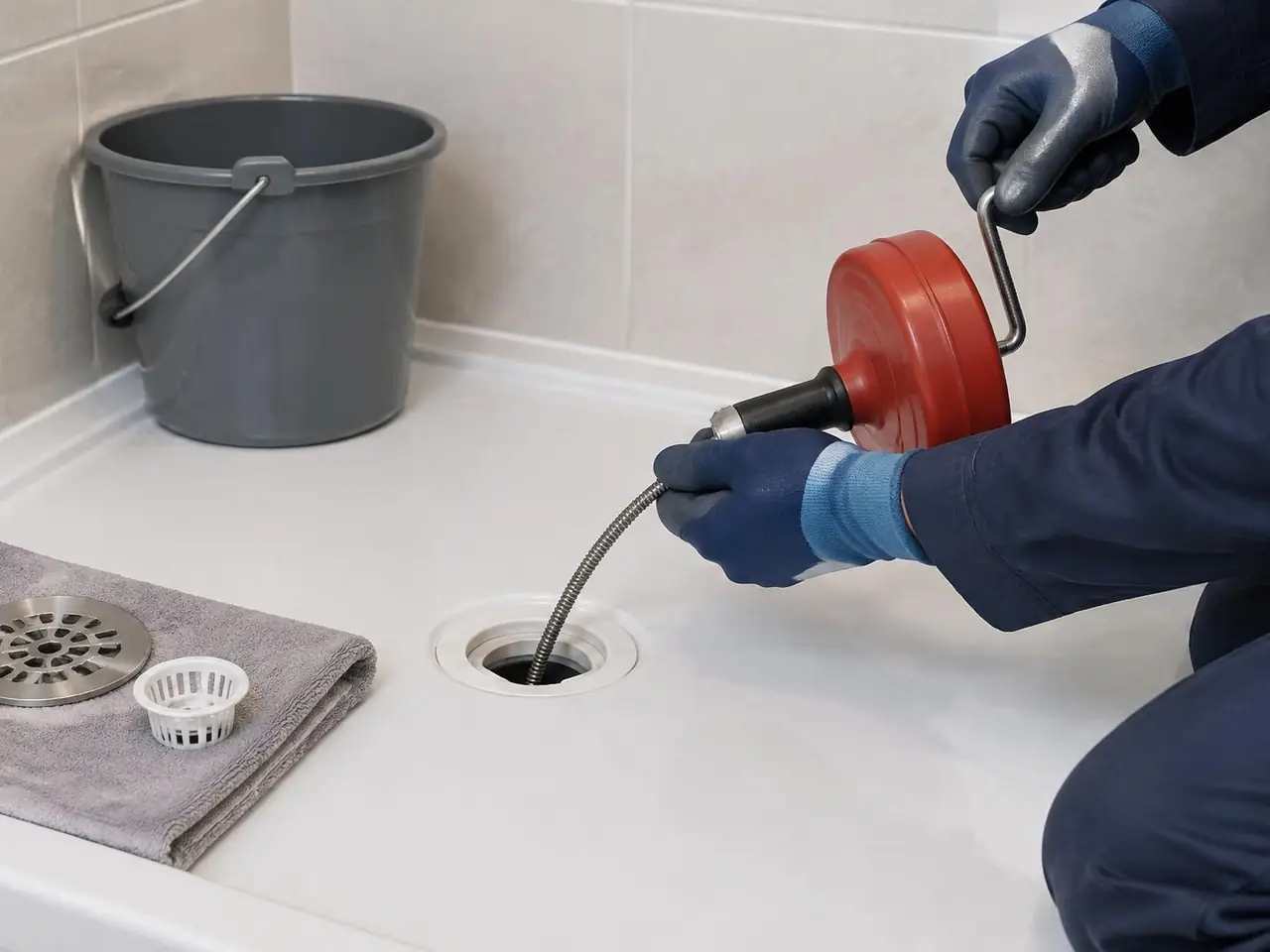Plombier ganté passant un furet à manivelle dans la bonde d’un receveur de douche, grille posée sur une serviette