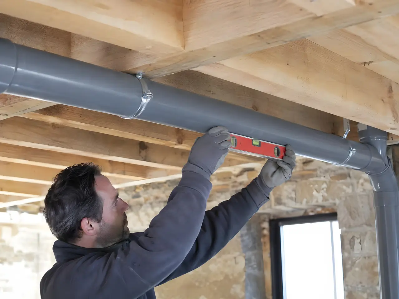 Plombier qui vérifie au niveau rouge la pente d’un tuyau d’évacuation gris fixé sous les solives d’un plancher