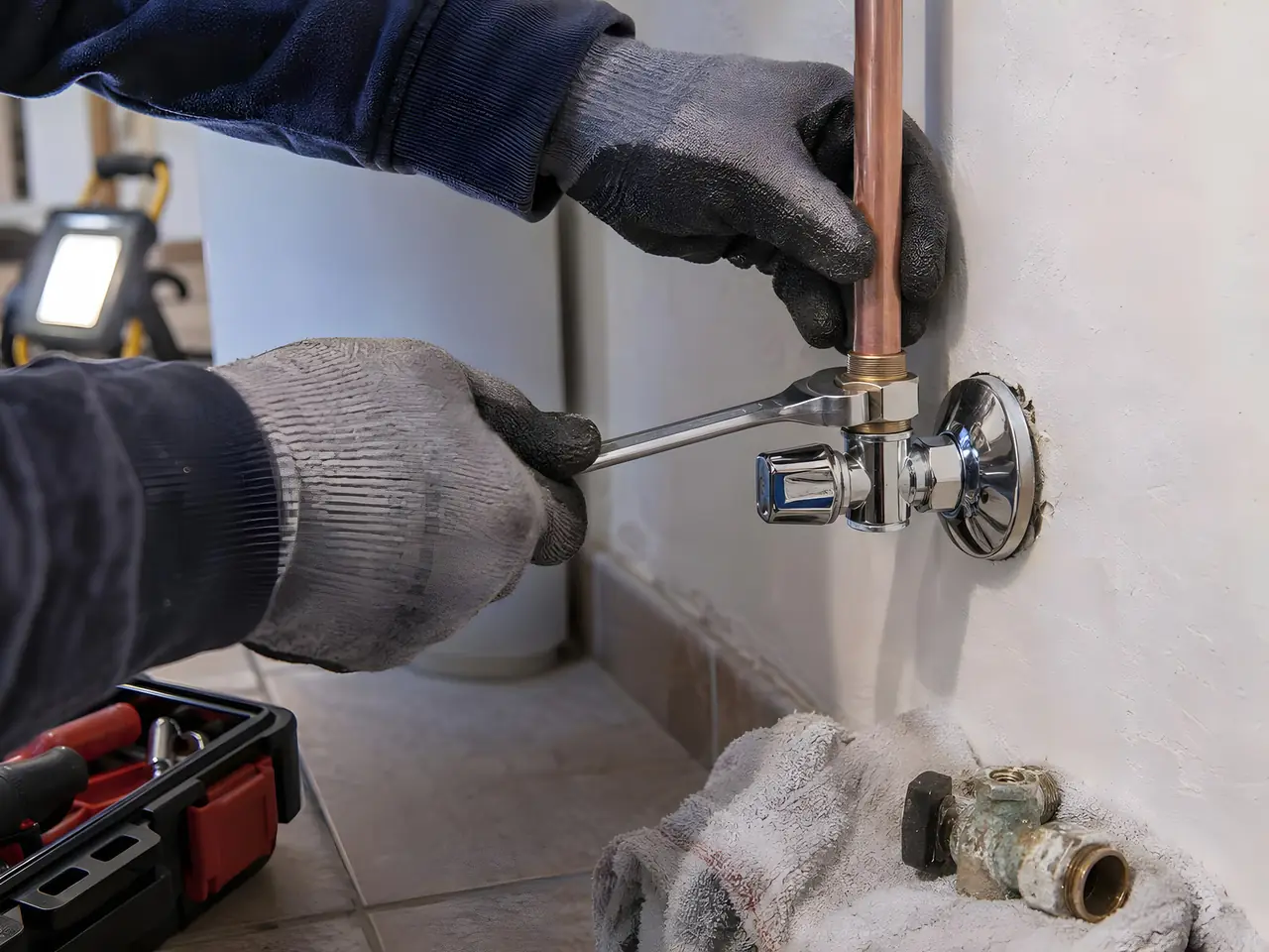 Mains gantées qui serrent à la clé un robinet d’arrêt chromé neuf sur un tuyau de cuivre, l’ancien posé sur un chiffon