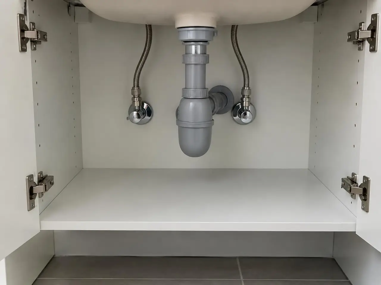 Le même meuble sous lavabo, sec et propre : robinets d’arrêt chromés, flexibles tressés et siphon gris