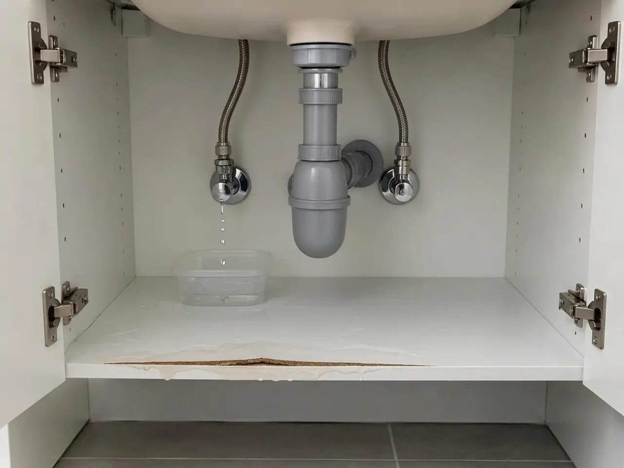 Robinet d’arrêt qui goutte sous un lavabo dans une boîte en plastique, fond du meuble gonflé par l’eau