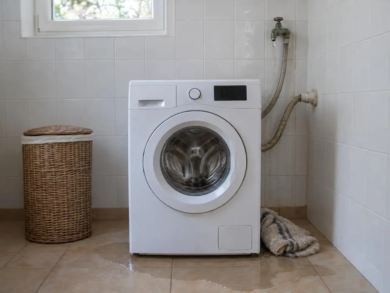 Lave-linge blanc dans une buanderie carrelée, vieux robinet terni qui goutte, flaque et serpillière au pied