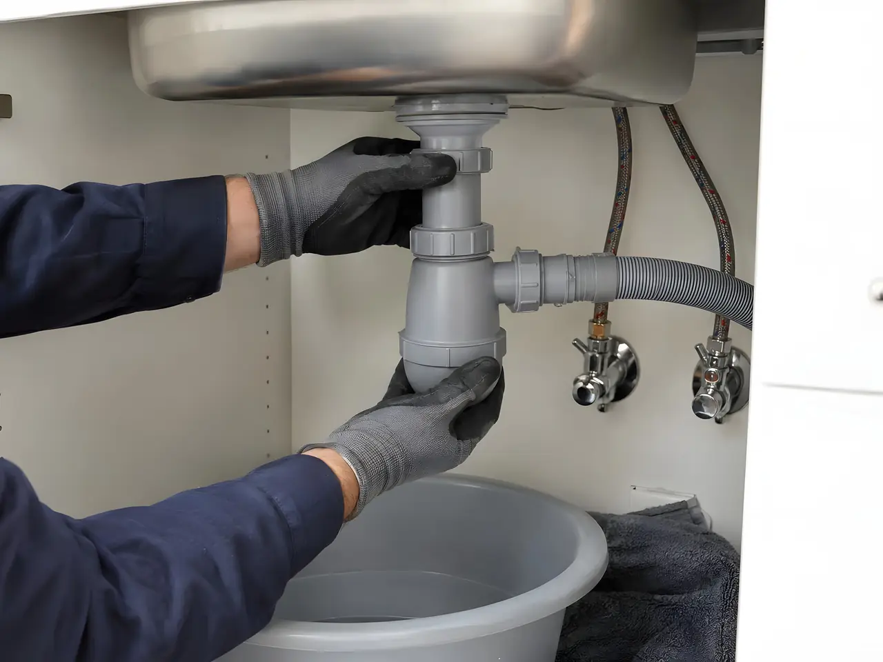 Mains gantées qui démontent le siphon gris sous un évier inox, bassine posée en dessous