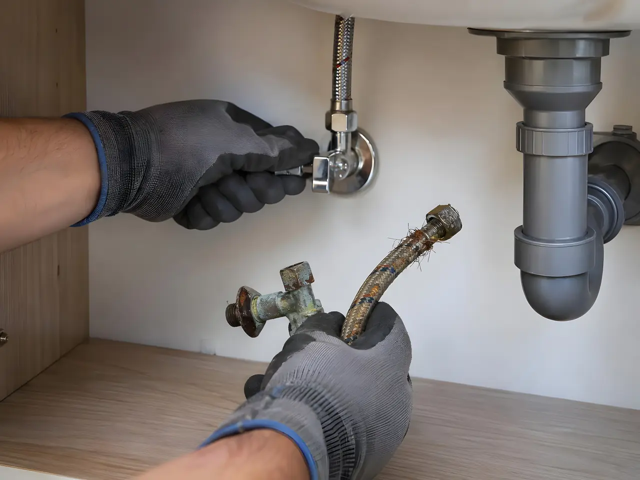 Mains gantées qui serrent un robinet d’arrêt chromé neuf sous un lavabo et tiennent l’ancien, rouillé