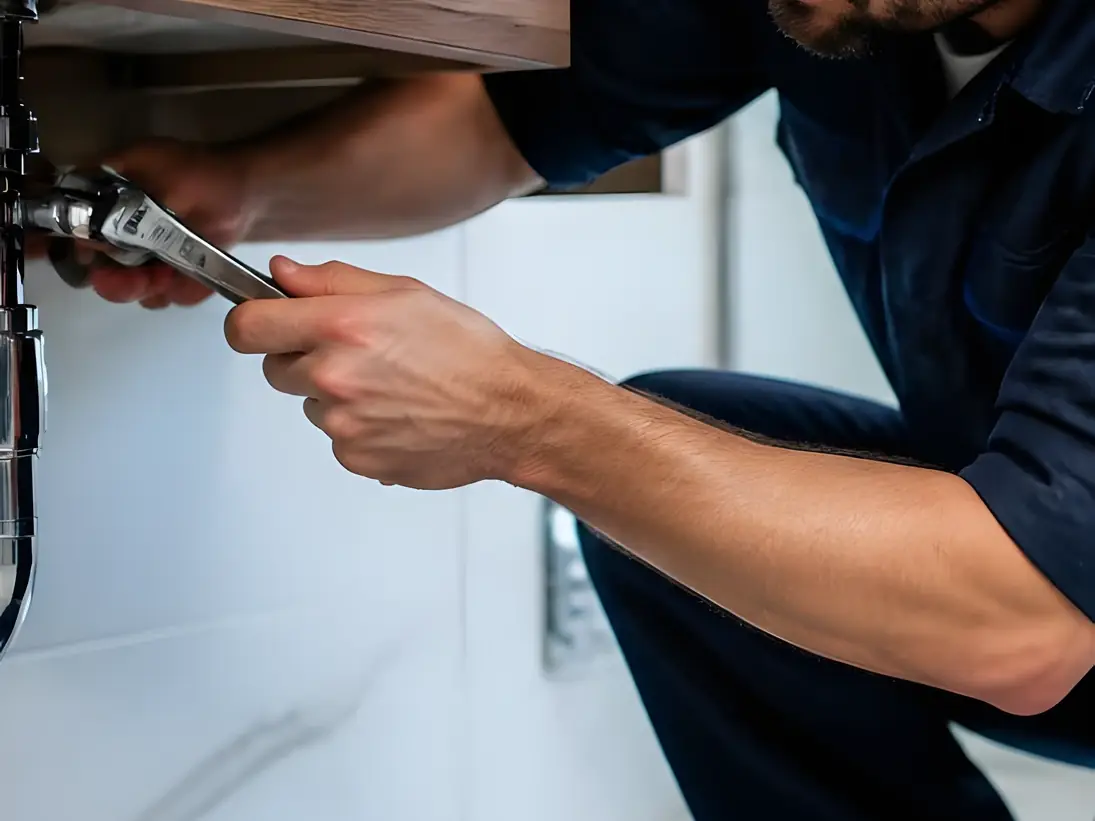 Plombier qui resserre à la clé le raccord du siphon chromé sous un lavabo, clés plates rangées au sol