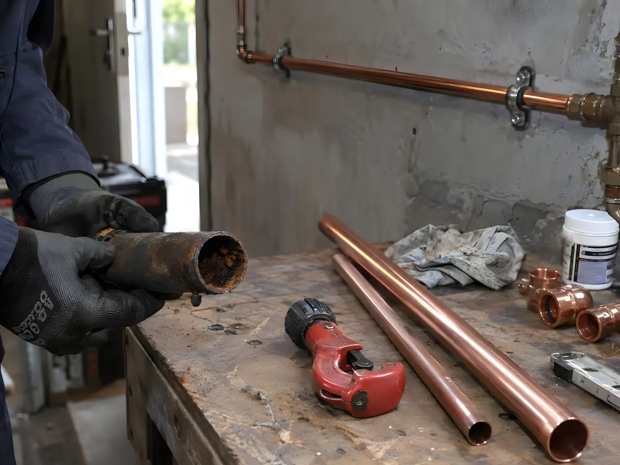 Mains gantées qui tiennent un vieux tuyau rouillé et entartré au-dessus de tubes de cuivre neufs et d’un coupe-tube