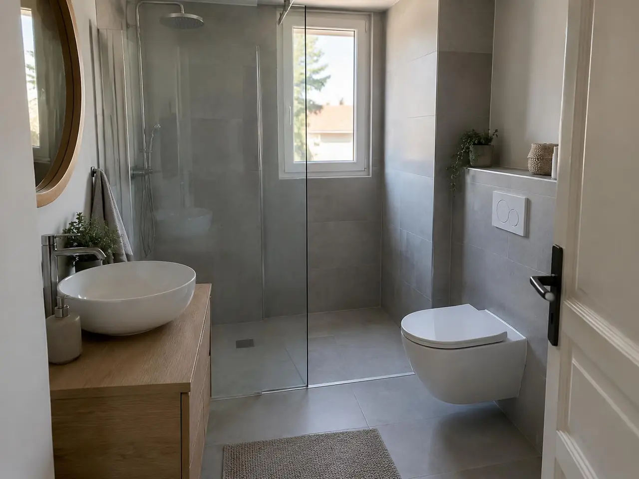 La même pièce refaite : douche de plain-pied vitrée sous la fenêtre, vasque sur meuble en bois, WC suspendu