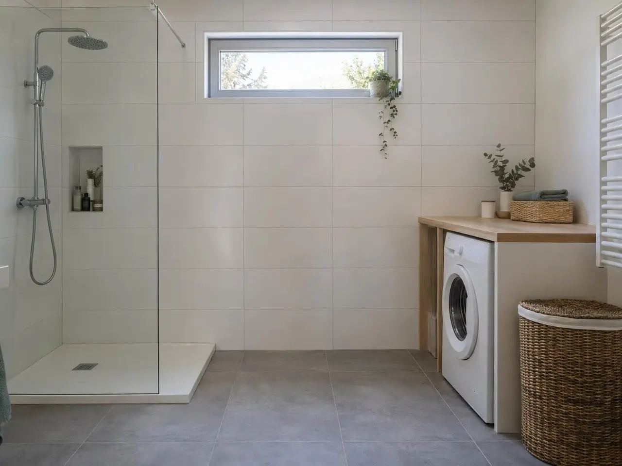 Salle de bains blanche, douche extra-plate à paroi vitrée à gauche, lave-linge sous un plan en bois à droite