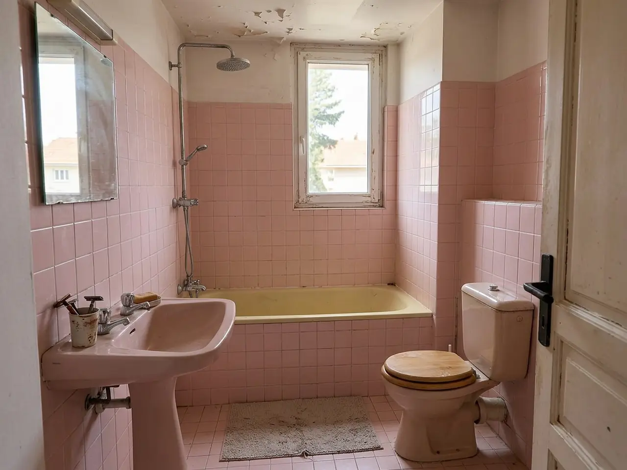 Vieille salle de bains carrelée de rose : baignoire jaune sous la fenêtre, lavabo sur colonne, WC à réservoir