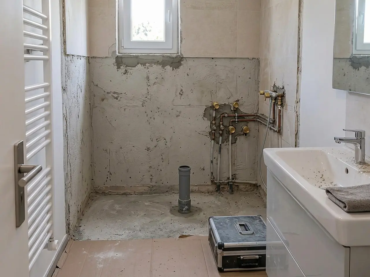 Baignoire déposée : murs bruts, évacuation grise sortie du sol et arrivées d’eau prêtes pour la douche