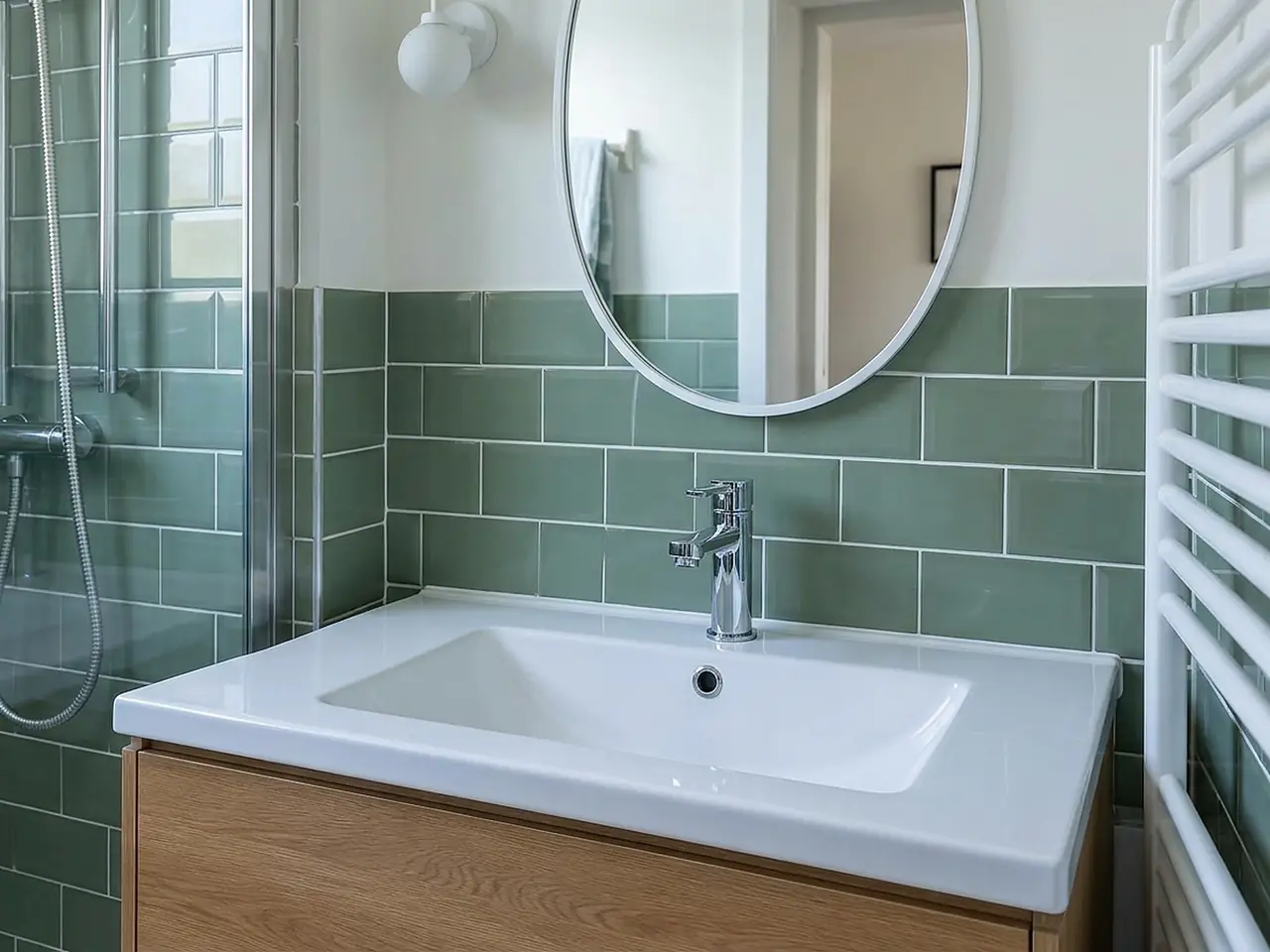 Coin lavabo refait : meuble vasque en bois, mitigeur chromé, carreaux verts et miroir rond, douche vitrée à côté